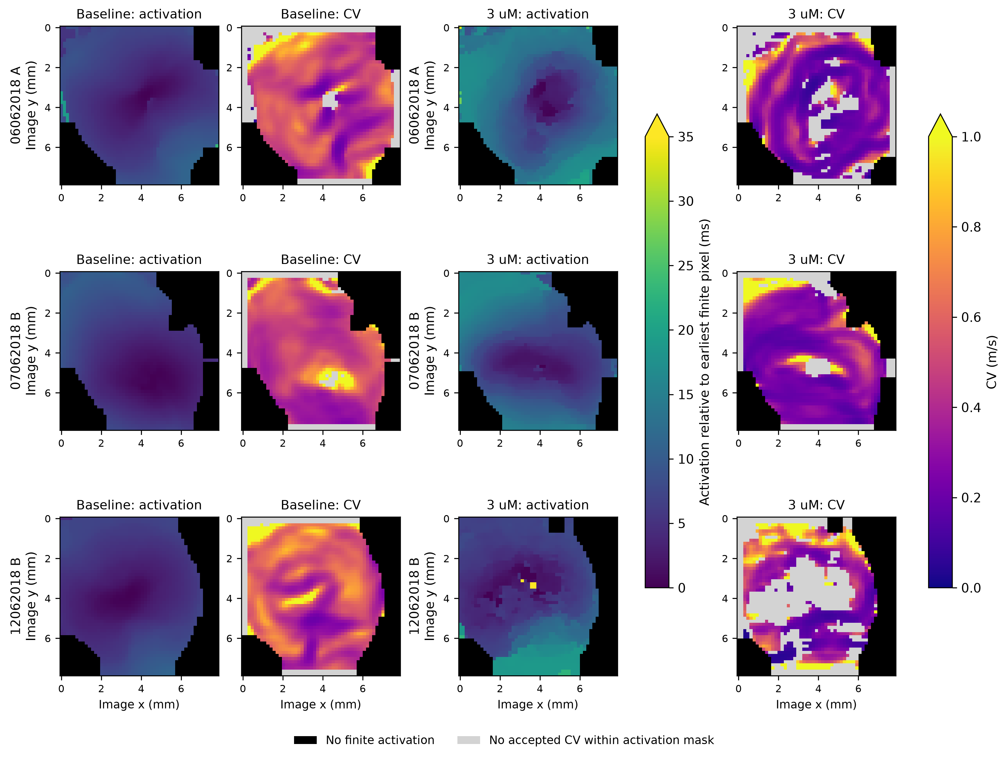 ElectroMap-py output: activation-time and conduction-velocity maps at baseline and at 3 µM for three optical-mapping preparations